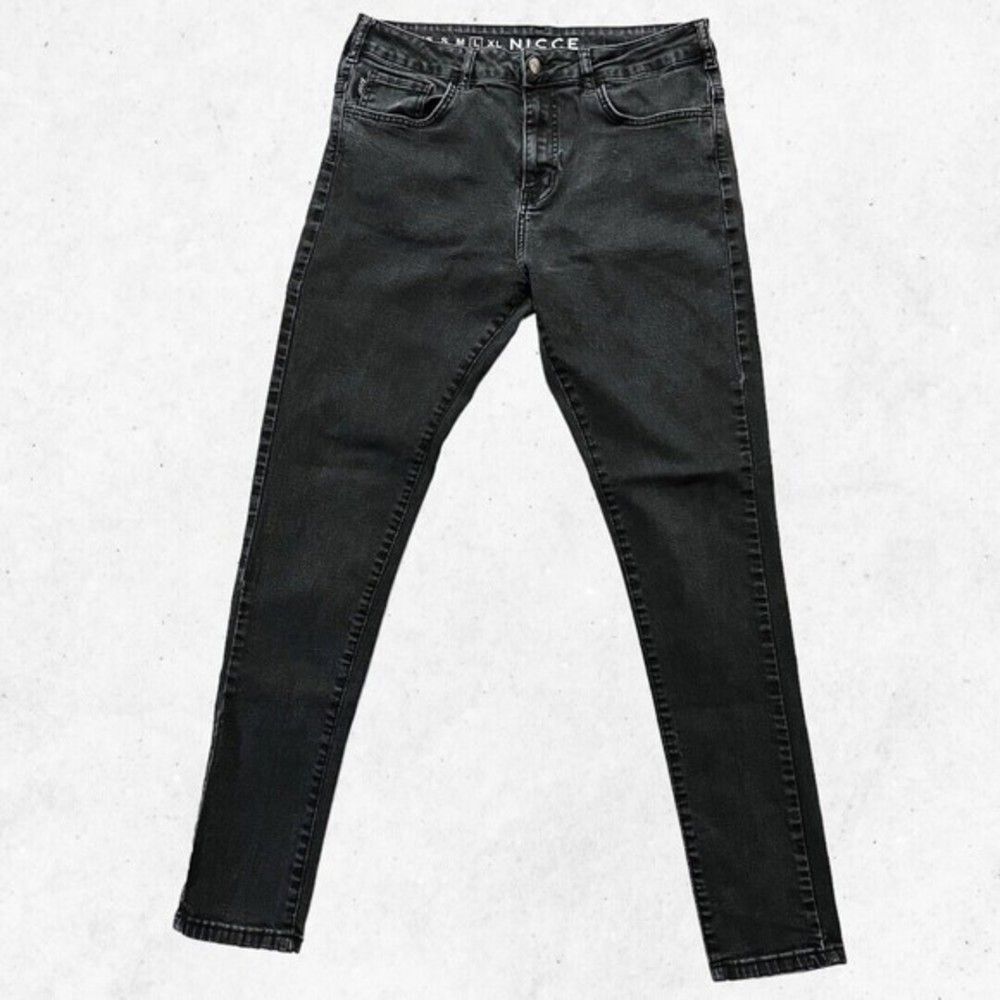 NICCE Men’s Sz L 32" Waist Washed Black Skinny Fit Jeans Back Logo RIPPED!‎